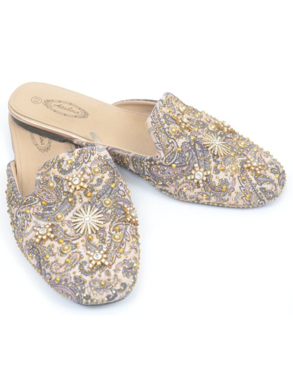 Atalina Women 9.5 Crystal Celestial Beads Rhinestone Paisley Sparkly Mules Flats